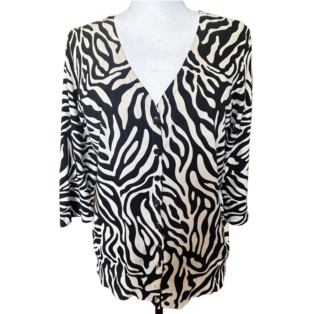 Josephine‎ Chaus sz M 50% Silk Leopard Print Animal Knit Cardigan Sweater - EUC